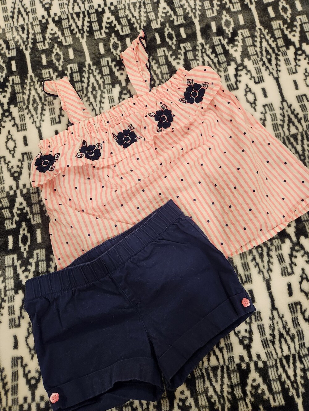 Healthtex Pink Striped Floral Ruffle Tank Top with Navy Shorts, Size 3T